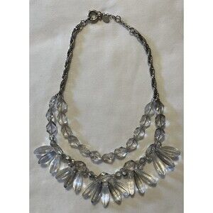 LOFT VINTAGE CHUNKY Double Chain Clear Acrylic Bead Necklace Silver Tone 18”